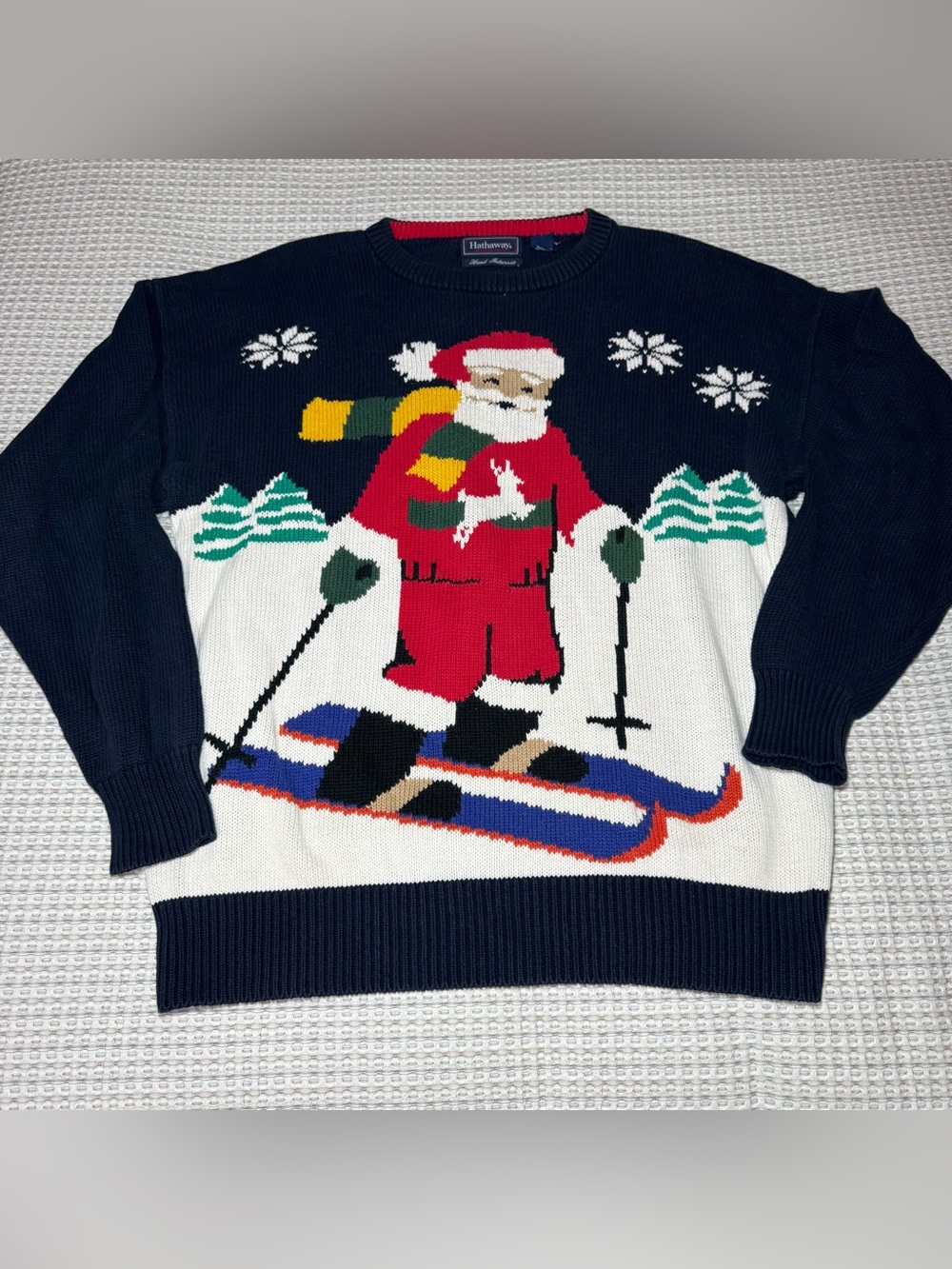 Vintage Hathaway Christmas Sweater LG Santa Skiing Hand Intarsia 90s Blue knit